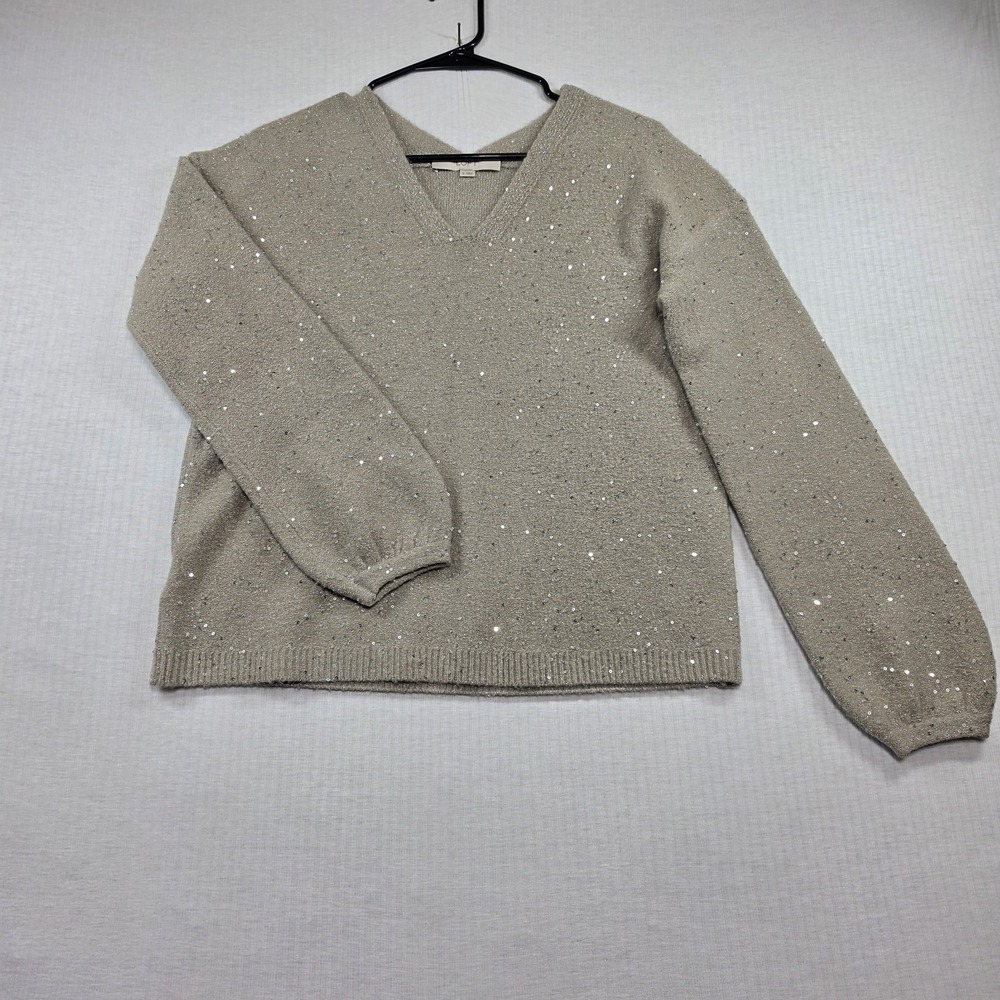 LOFT Champagne Metallic Sequin V-Neck Sweater Size S Holiday Glam Coquette